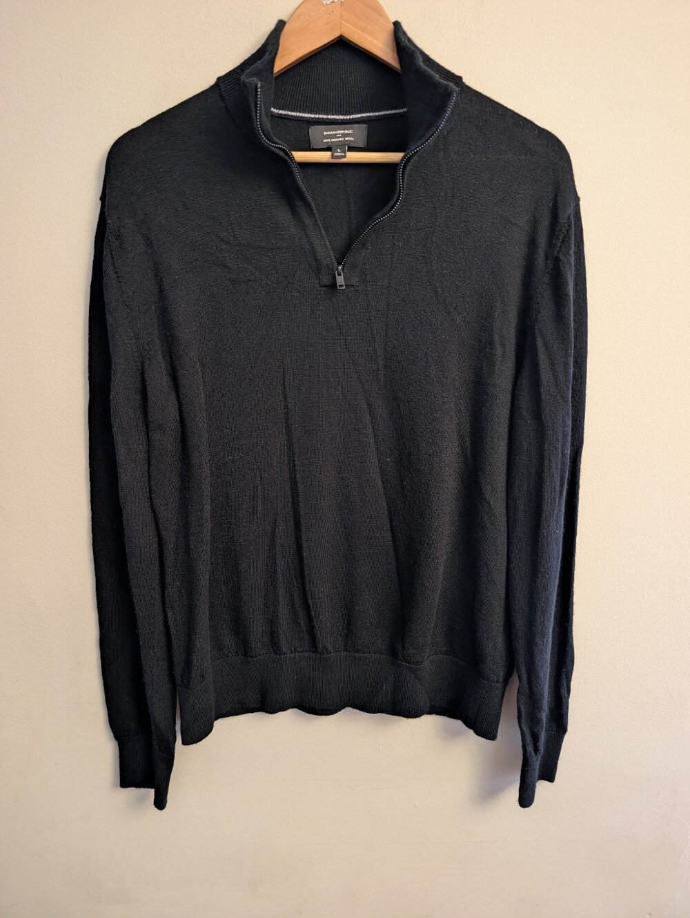 Banana Republic Black Merino Wool Quarter-Zip Pullover Sweater Size L